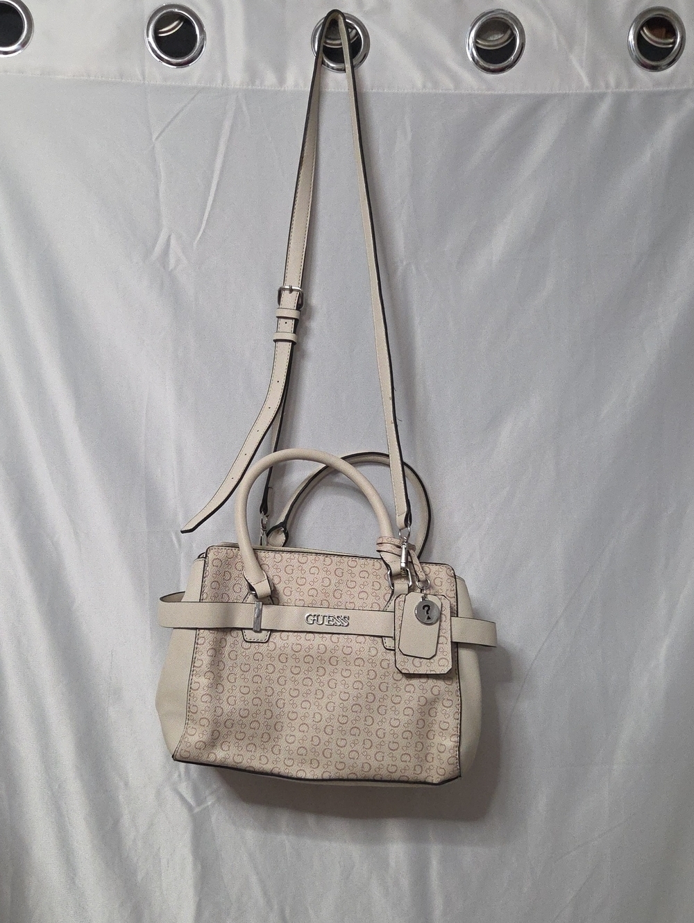 GUESS Cream Monogram Satchel with Adjustable Strap